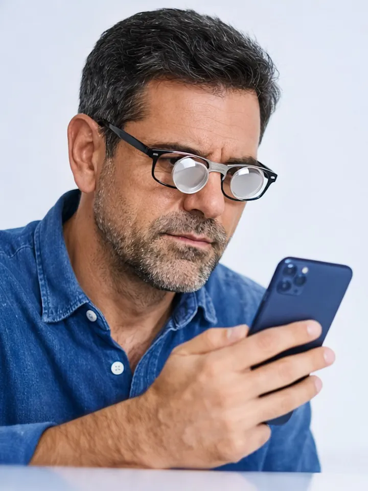 Uomo di mezza età con occhiali e lenti di ingrandimento che guarda lo smartphone su sfondo chiaro.