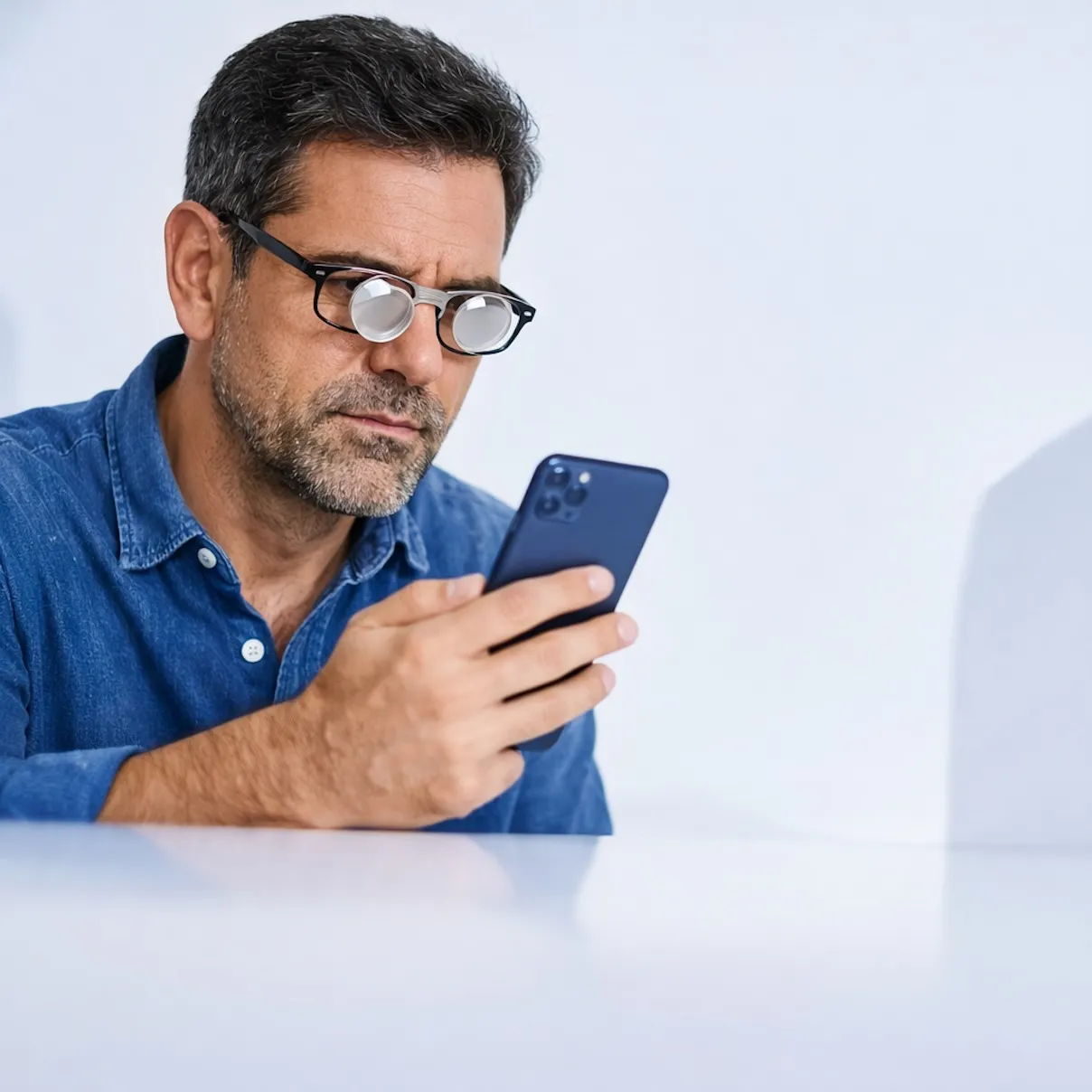 Uomo di mezza età con occhiali e lenti di ingrandimento che guarda lo smartphone su sfondo chiaro.