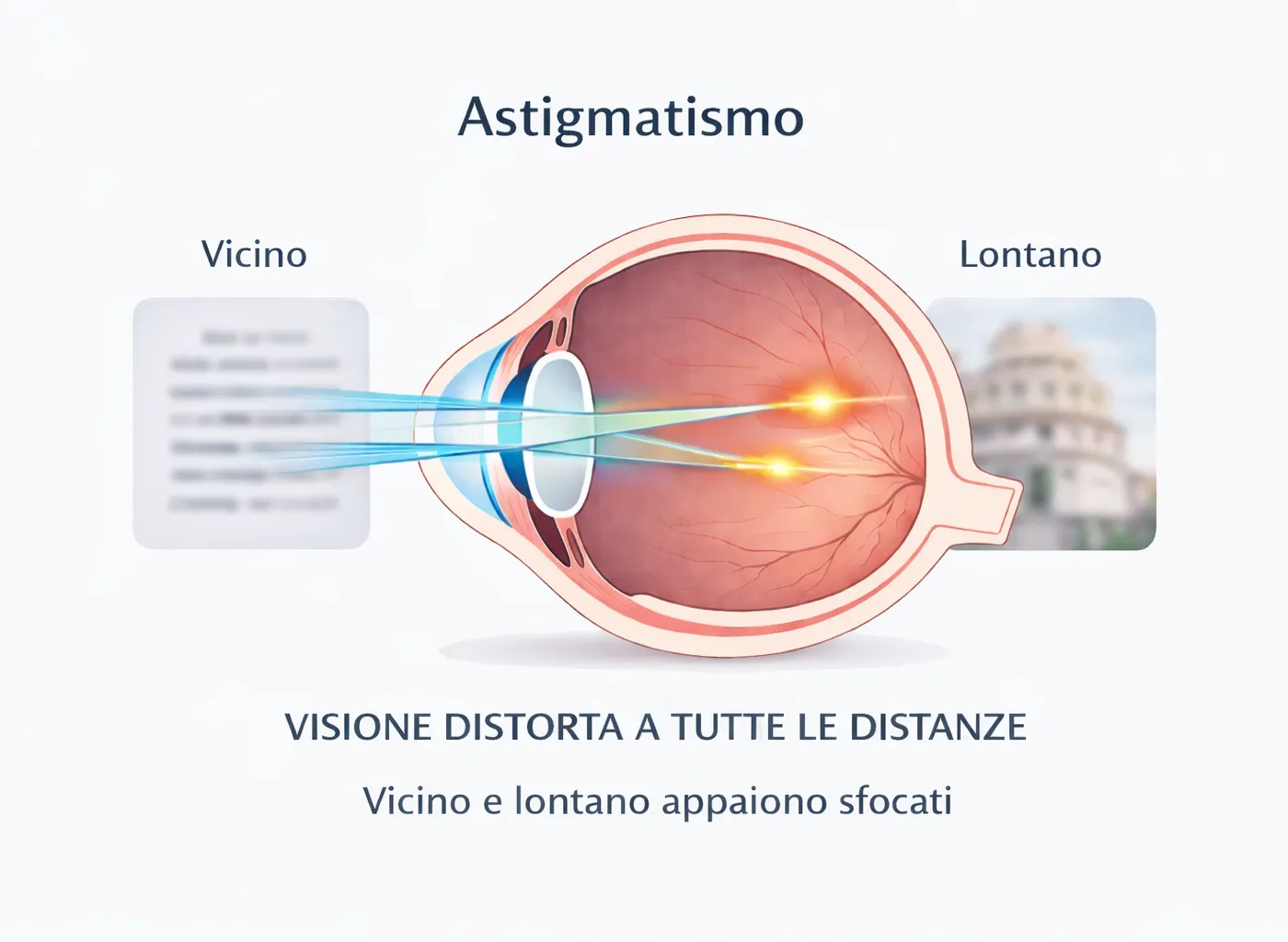Illustrazione dell’occhio con astigmatismo: la curvatura irregolare della cornea deforma l’immagine sulla retina.
