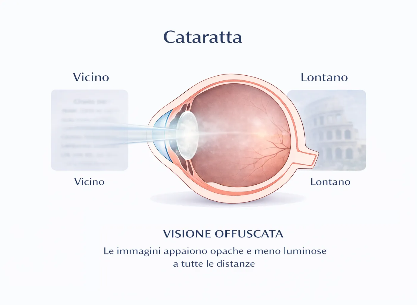Confronto tra cristallino sano e cataratta: l’opacizzazione del cristallino rende la visione offuscata.
