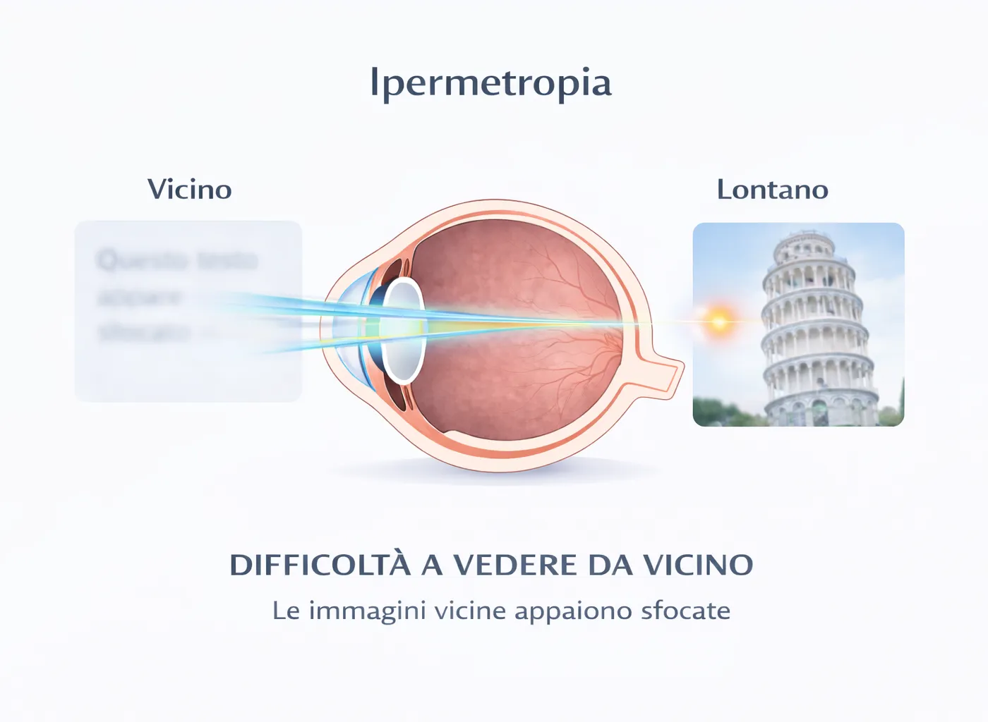 Schema dell’occhio ipermetrope: i raggi luminosi convergono dietro la retina, con difficoltà nella visione da vicino.