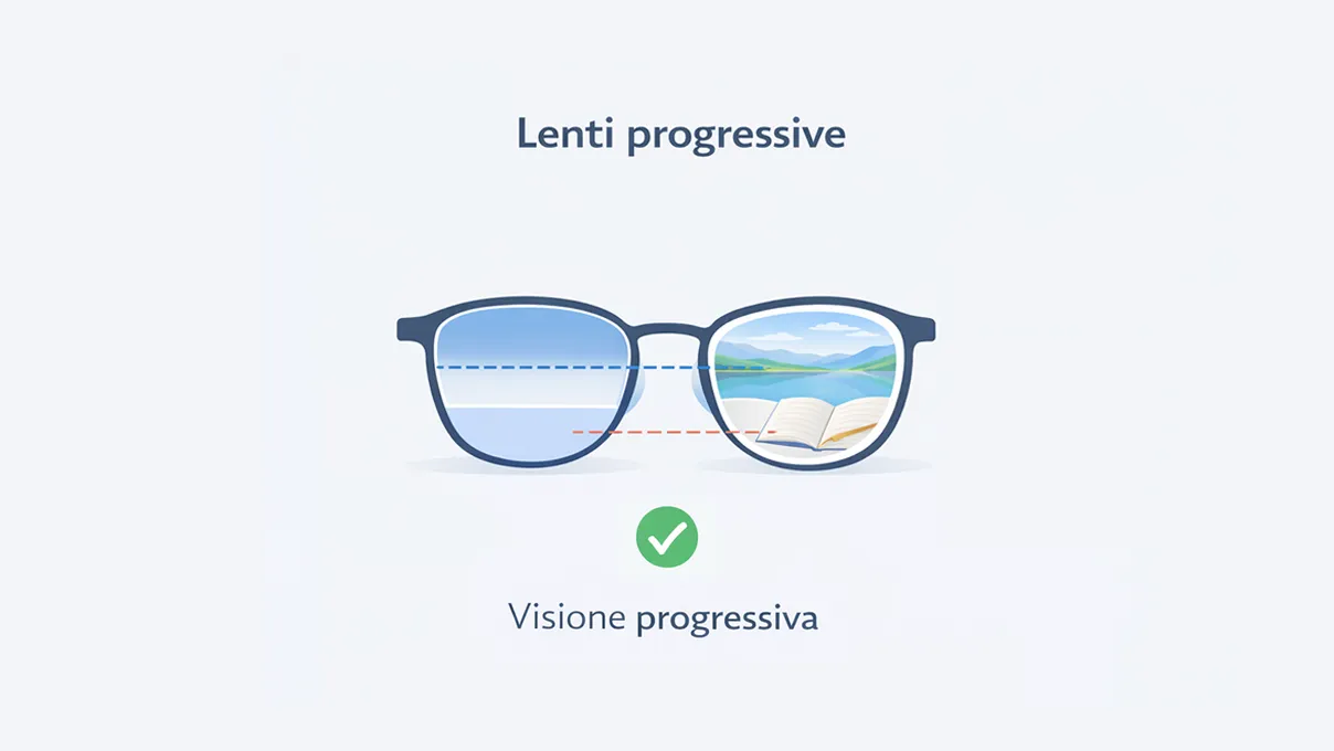 Lenti progressive con visione continua a tutte le distanze e tecnologie anti-stress visivo.