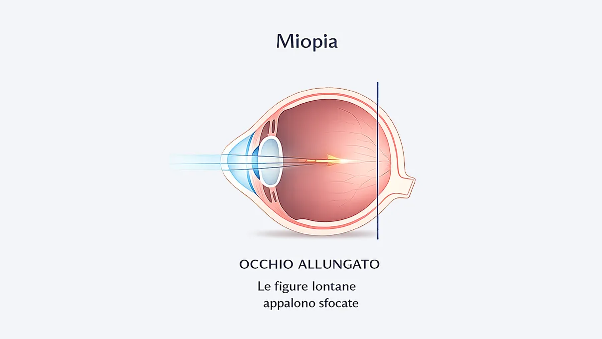 Occhio miope con immagine che si forma davanti alla retina, visione sfocata