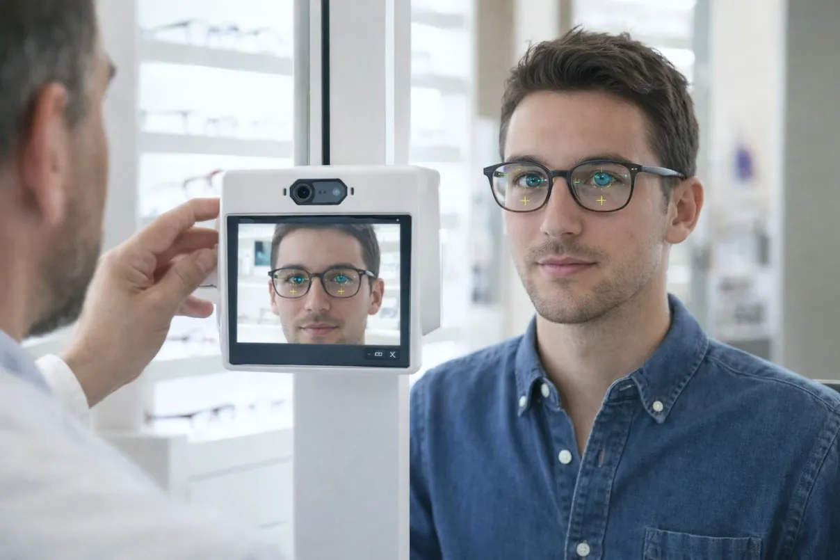 Ragazzo con occhiali durante la video-centratura digitale, mentre un ottico utilizza un dispositivo con telecamera e schermo per misurare con precisione la posizione delle pupille.